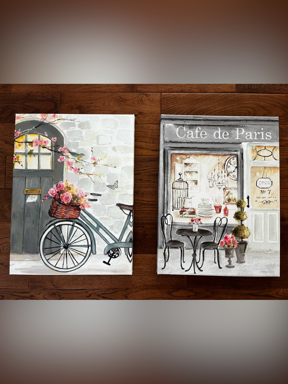 Set of 2 Paris Café Bicycle Wall Art Prints - Gray, Pink, Cream